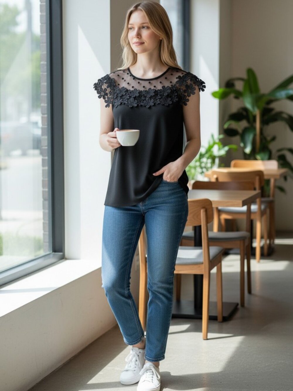 Black Sleeveless Top Polka Dot Mesh Yoke 3D Floral Lace Appliqué